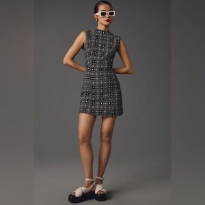 Anthropologie Mock-Neck Sleeveless Seamed Dress Black White Geometric Print XS